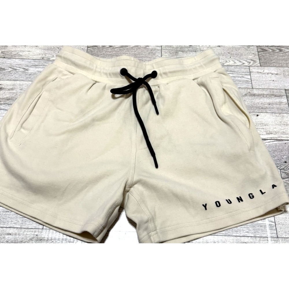 YoungLA Mens Fleece Gym Shorts Cream Off White Logo Athletic Size SMALL